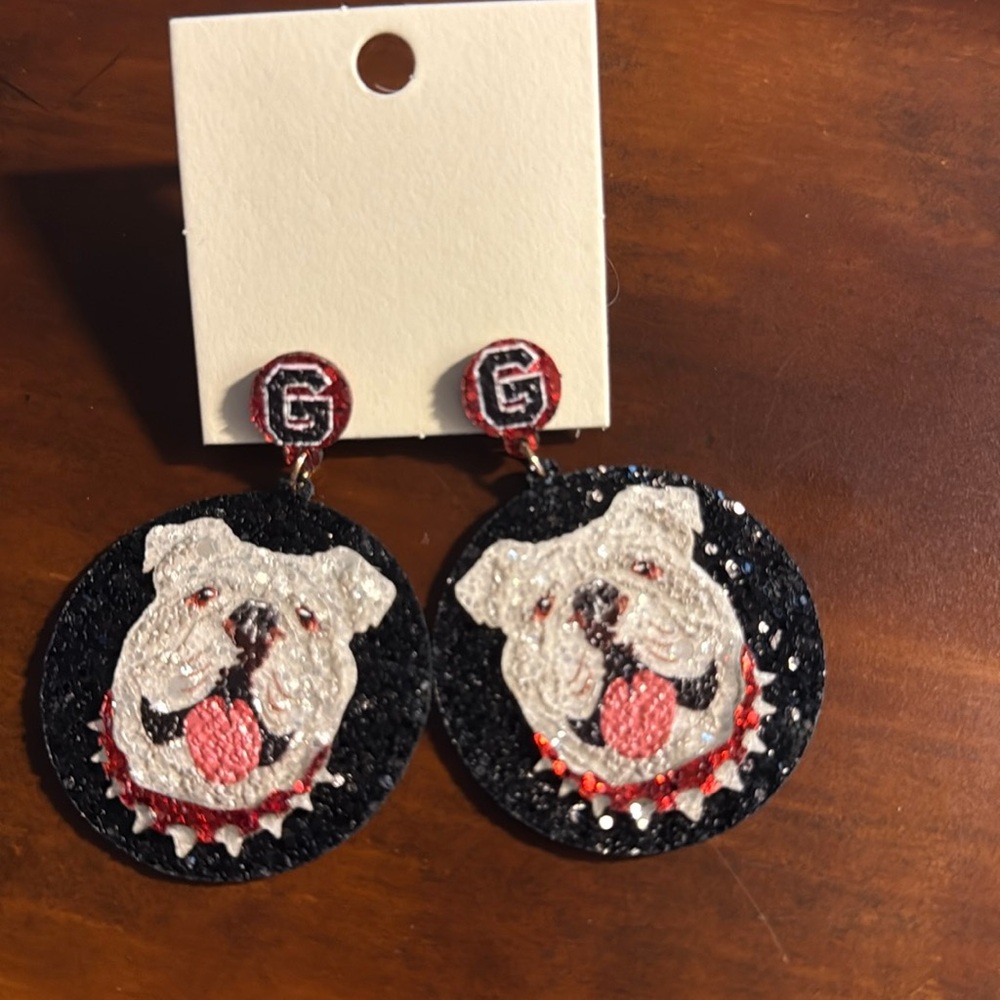 NWT Georgia Bulldog Black Disc Glitter Earrings with Red and White Accents